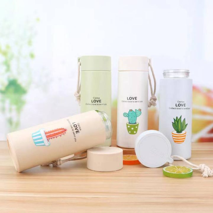 Cactus Design  Insulated Plastic/Glass Coated Water Bottle For kids Wide Mouth Drinking Water Bottle for Gym Fitness Cycling Sports
