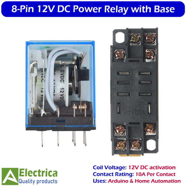 8 Pin 12V DC 12A Coil Relay with PTF08A Screw Terminal Base DPDT General Purpose Double Pole Double Throw Industrial Control Relay Module by Electrica