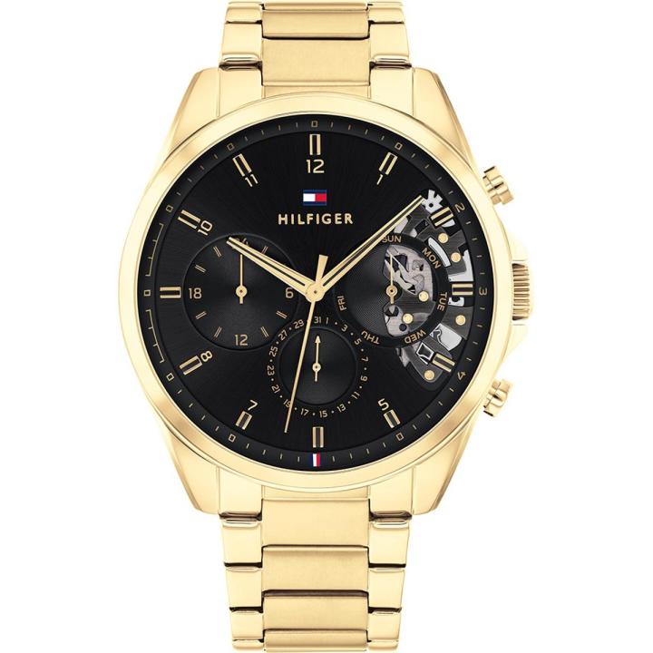 Tommy Hilfiger Wrist Watch For Men Quartz Gold Stainless Steel Black Dial 44mm Watch 1710447