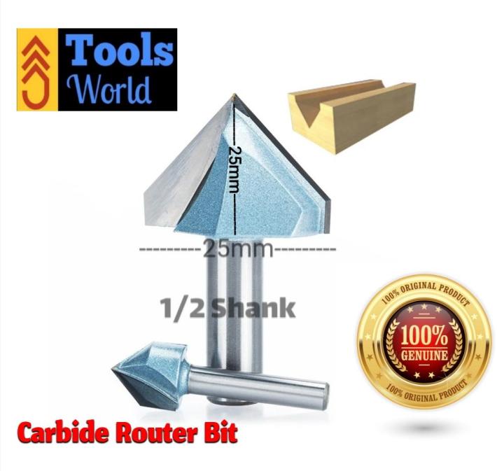 Router Bits Carbide Tip V Shape Tools For Woodworking 1/2 Shank 25mm