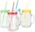 Set of 4 Mason Jar Mugs with Handle, Multi Colored  Lids and Plastic Straws - Ideal for BBQ's, General Home Kids Use, Summer Parties, Picnics and More (450ml per Glass). 
