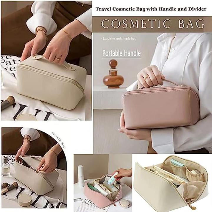 Portable Large Capacity Travel Cosmetic Bag with Handle Makeup Organizer Bag Storage Makeup Bag Waterproof PU Leather Travel Toiletry Bag for Women