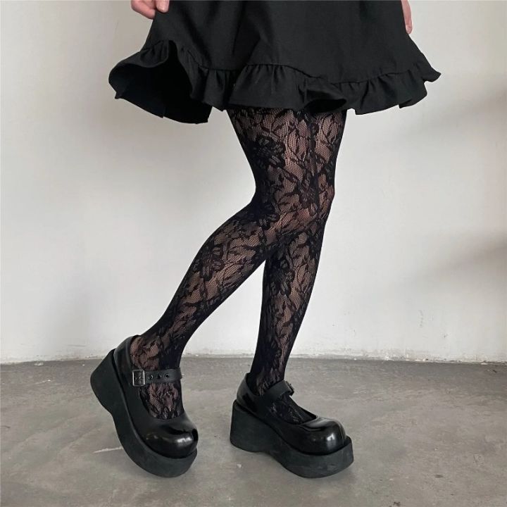 Retro%20Flower%20Pattern%20Women's%20Sexy%20Pantyhose%20Stocking%20Slim%20Elastic%20Lace%20Mesh%20Fishnet%20Socks%20Leggings%20Lolita%20Red%20Black%20Tights%20Stocking%20-%20Image%205