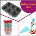 Baking Combo Deal = 6 Cupcake Muffin Baking Tray+ Silicone Reusable Icing Piping Bag + Cupcake Muffin Paper Liner Baking Cups 50 pcs. 