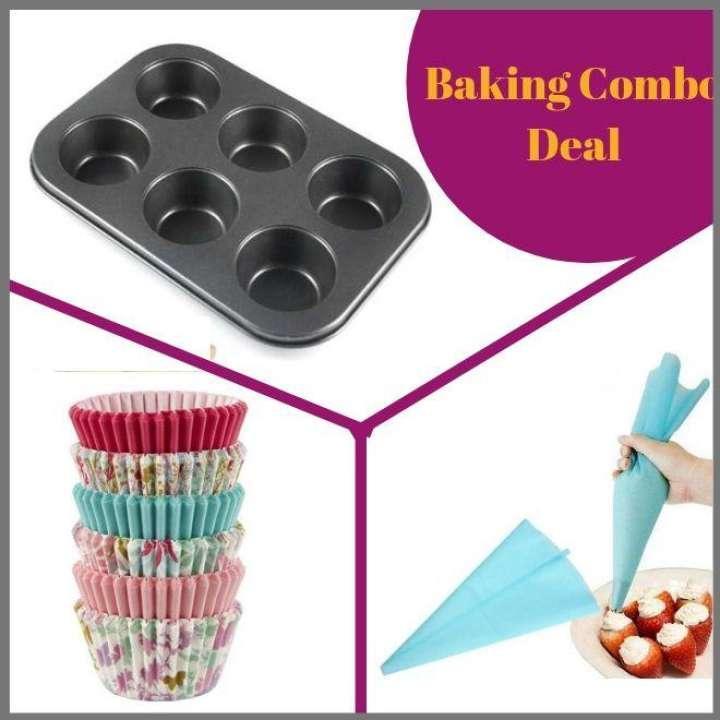Baking Combo Deal = 6 Cupcake Muffin Baking Tray+ Silicone Reusable Icing Piping Bag + Cupcake Muffin Paper Liner Baking Cups 50 pcs