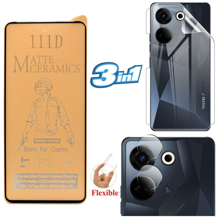 Tecno Camon 20 Matte Glass Protector Ceramic Glass + Back Protector Transparent Hydrogel Soft Film jell Protection + Back Rear Camera Protector 9H Gorilla Flexible Protection For Tecno Camon 20