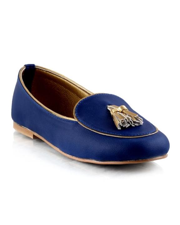 Navy Blue Faux Leather Moccasins For Women