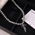Goth Harajuku Cute Y2K Aesthetic Bowknot Pendant Grey Pearl Beaded Rope Chain Necklace for Girl Choker Cool 90s EMO Accessories. 