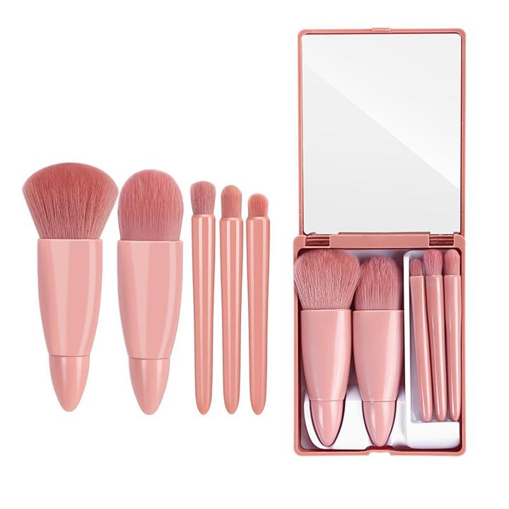 Set of 5 Mini Travel Makeup Brush Full Set Easy to Take Function Makeup Brush with Mirror