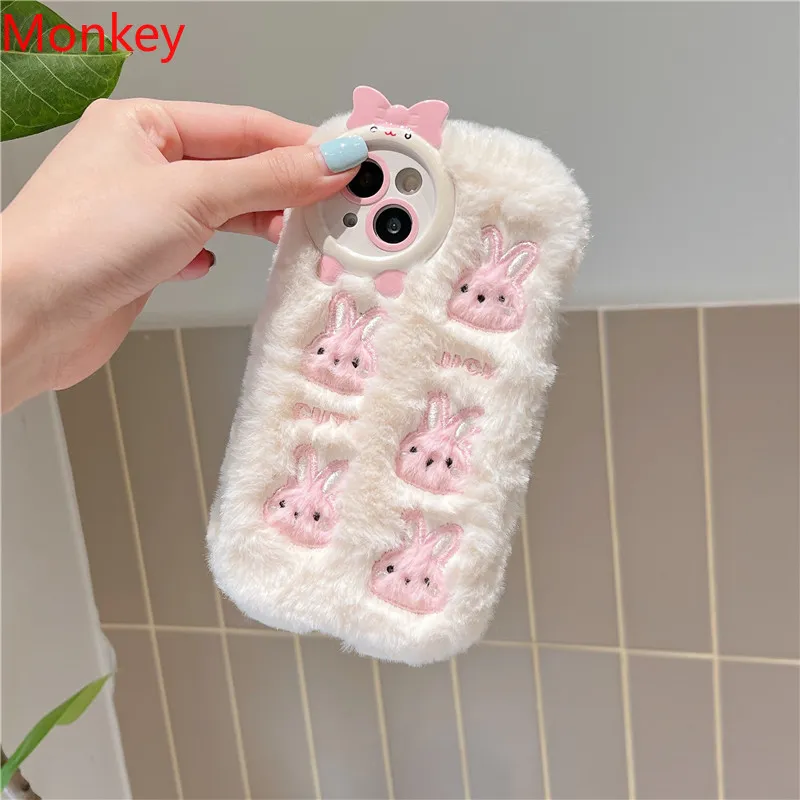 Dusgixar Case Compatible IPhone 16 Pro, Rabbit Fur Case Fluffy Bunny Ears Furry Fuzzy Phone Case, Soft Cute Plush Winter Warm Protective Silicone Cover For IPhone 16 Pro (Black