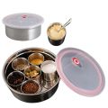 Imported Stainless Steel Round Masala Dabba Spice Storage Box for Kitchen 7 Deep Katori With Box And Silicon Lids. 
