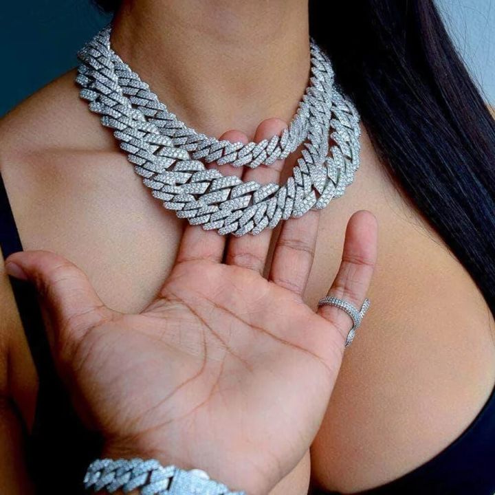 14/20MM width Prong Rhombus Cuban Link Necklace for Women Iced Out Chain Gold Silver Color Thick Cuban Necklace Hip Hop Jewelry
