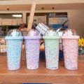Water bottle cute rabbit glitter rainbow color plastic straw cup creative personality fun girl heart ins photo gift portable cup. 