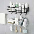 Wall Mounted Rectangle Metal Stand With Hooks for Kitchen Bathroom Storage Rack Organizer Metal Storage Organizer Rack for Shower Caddy, Shampoo Basket No Drilling, Design for Bathroom, Bedroom, Living Room, and Kitchen - Bathroom Rack Stand. 