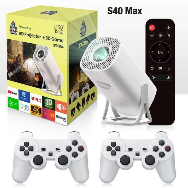 Latest Android New S40MAX Video Game Projector Android13.0 System WiFi6 BT5.4 5G Support 4K HD 1280*720P Smart Home Cinema Portable Projector High Brightness 200" Large Display Wireless Screen Portable Projector