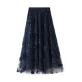 In stock Women's Long Tulle Skirt, Casual High Waist 3D Flower Embroidery Solid Color Midi Swing Skirt. 