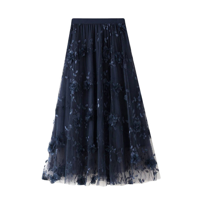 In stock Women's Long Tulle Skirt, Casual High Waist 3D Flower Embroidery Solid Color Midi Swing Skirt