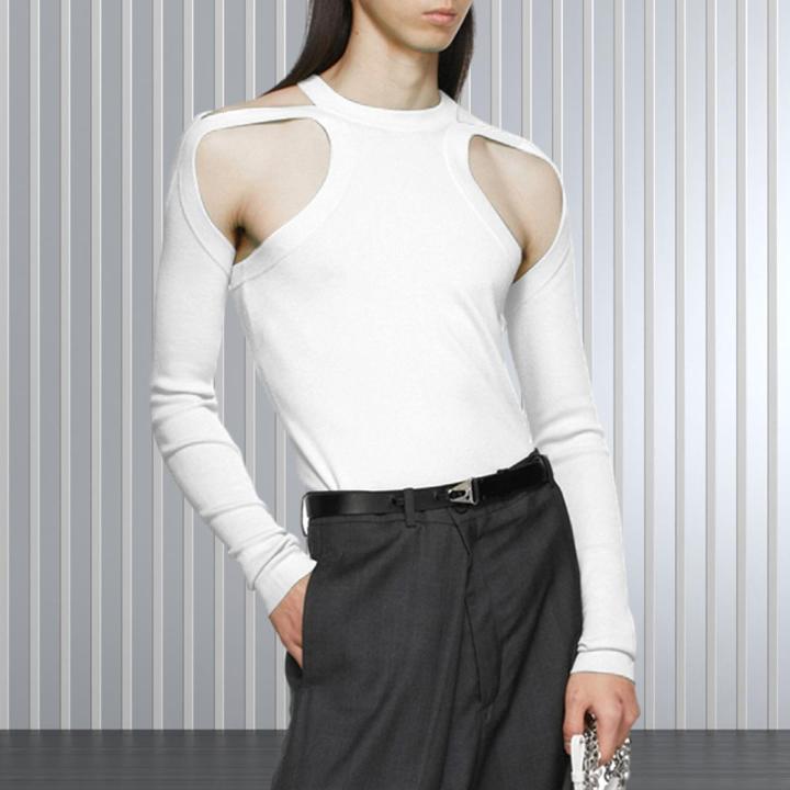 Men Solid Color Vest Men Vest O-neck Sleeveless Long Sleeve Tops Solid Color Skinny High Elastic Shoulder Hollow Out Pullover Men Long Sleeve Vest