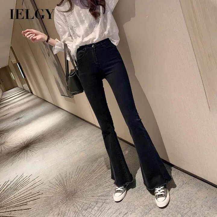 IELGY jeans women black Korean style high waist slim slim stretch flared pants trend