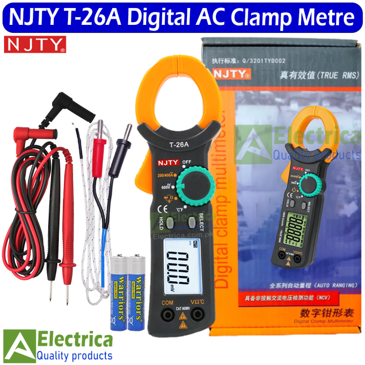 NJTY T-26A True-RMS Clamp Multimeter DC Curent Clamp Meter Digital rue RMS AC DC Ohm Hz C/F Pinza Amperimetrica Tester by Electrica