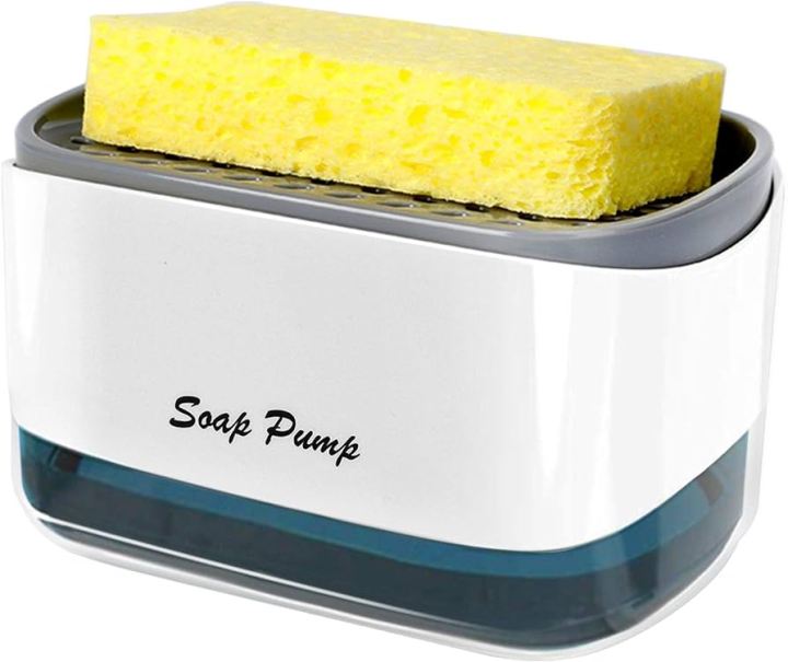 Soap Dispenser for Kitchen, Soap Dispenser and Sponge Holder, Countertop Soap Pump Dispenser, 2-in-1 Soap Dispenser-One Hand Soap Pump Dispenser