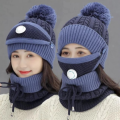 3PCS Womens Winter Warm Scarf Knitted Hat Mask With Filter Set Fashion Thickened Face Cover  For Men Women. 