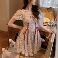 Cute Florals Dress Women Vintage Cottagecore Y2k Puff Sleeve Square Collar Lace-up High Waist Corset Dress Female. 
