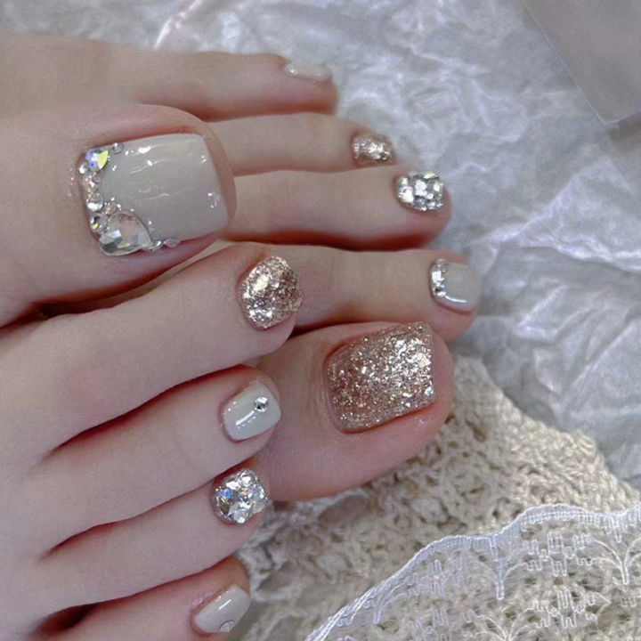 SUMMER%20JZJ%2024%20pcs%20Nail%20Art%20Patch%20Glitter%20Powder%20Simple%20White%20Edge%20French%20Toenail%20Fake%20Nail%20Patch%20Foot%20Wear%20Nails%20-%20Image%202