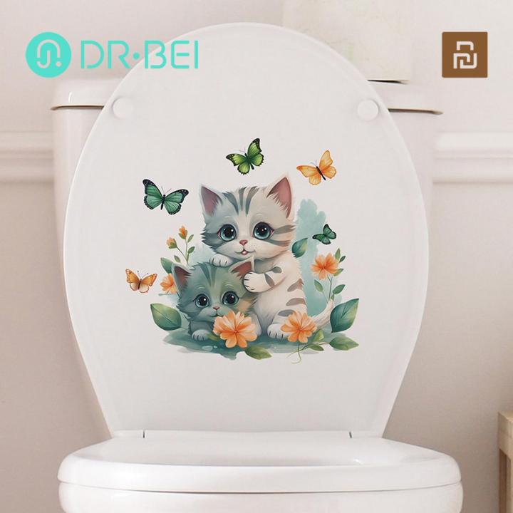 Toilet Bowl Sticker Cartoon Cat Butterflies Toilet Sticker Waterproof Pvc Wall Art for Living Room Bedroom Bathroom Animal Flower Decoration Decal Cartoon Cat Toilet Sticker