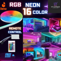 RGB Neon LED Strip Light Kit with Remote Control - 5 Meter (16ft), Waterproof, Multicolor, Adhesive, Flexible - Ideal for PC Gaming, Bedrooms, Kitchens, and Home Decoration - 12V. 