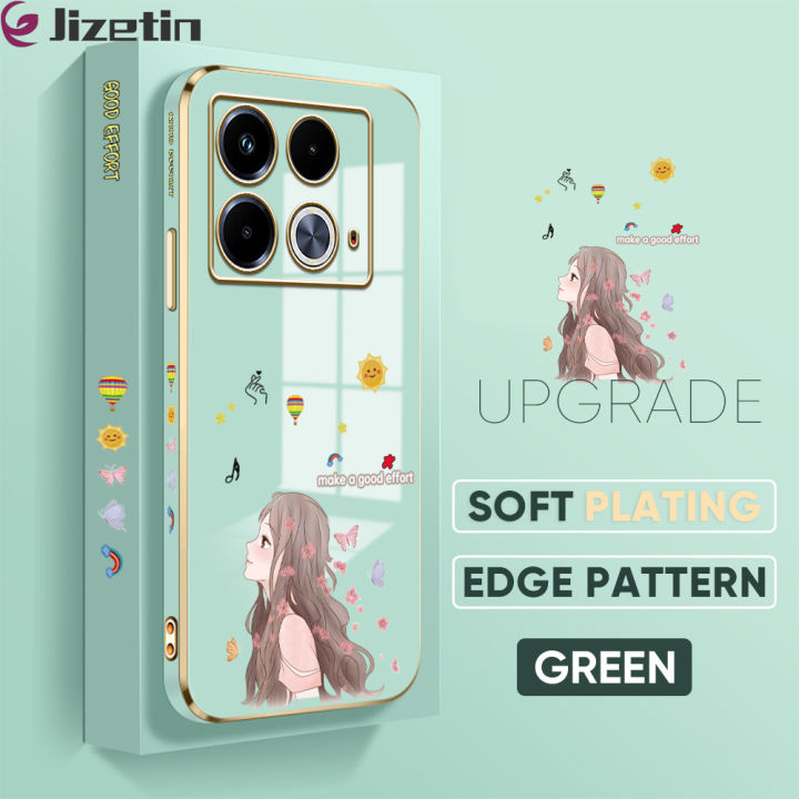 Jizetin (Free Lanyard) for Infinix Note 40 Back Cover Butterfly Girl Luxury 6D Plating Case Side Pattern Soft Silicone Square Mobile Phone Cases