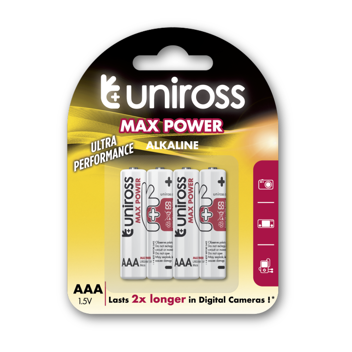 Uniross 4 AAA Max Power Alkaline Battery Cells