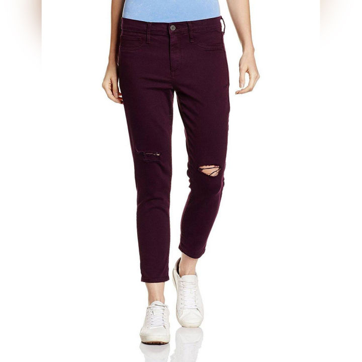 The-Ajmery Maroon Ripped Slim Fit Jeans For Women