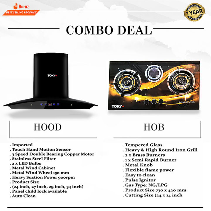 Combo Deal: Tokyo Kitchen Hood TK 02 (Touch and Hand Sensor) and Tokyo Kitchen Hob Glass NG or LPG (TK 1G) - Complete Kitchen Set with Warranty