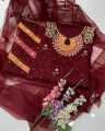 Organza apliq gotta hand work embroidery 3 pcs unstiched suit party wear special. 