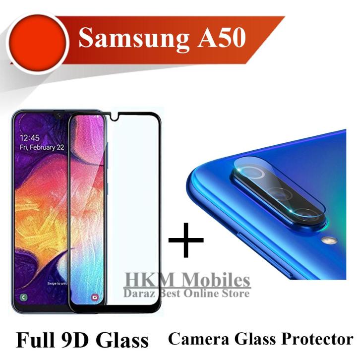 Samsung A50 Full Black 9D Tempered Glass Edge to Edge Full Glue Screen Protector + Back Camera 9H Gorilla Flexible Protector For Galaxy A50