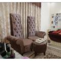 Modern High Back Chairs + Stool | Velvet Furnished Tufted Back Curved Arms. 