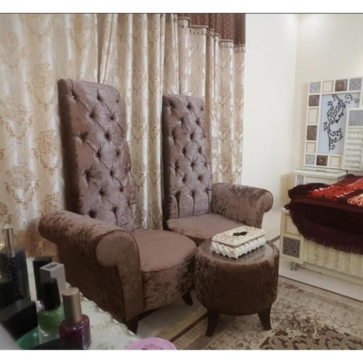 Modern High Back Chairs + Stool | Velvet Furnished Tufted Back Curved Arms