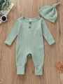 Infant Baby Jumpsuit and Hat Set, Solid Knit Ribbed Long Sleeve Crew Neck Button Romper One-Piece Clothes. 