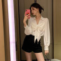bellylady Puff Sleeve Shirts Large Bow Design Blouse, Slim Fit Lapel Colar Bottoming Shirt, Sweet Style Casual Long-sleeved Tops. 