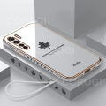 For OPPO F15 / OPPO Reno3 Cover + Wrist Strap Fashion Shiny Maple leaf Plating Square Bumper Phone Case Soft TPU Silicone Shockproof Protective Back Cover. 