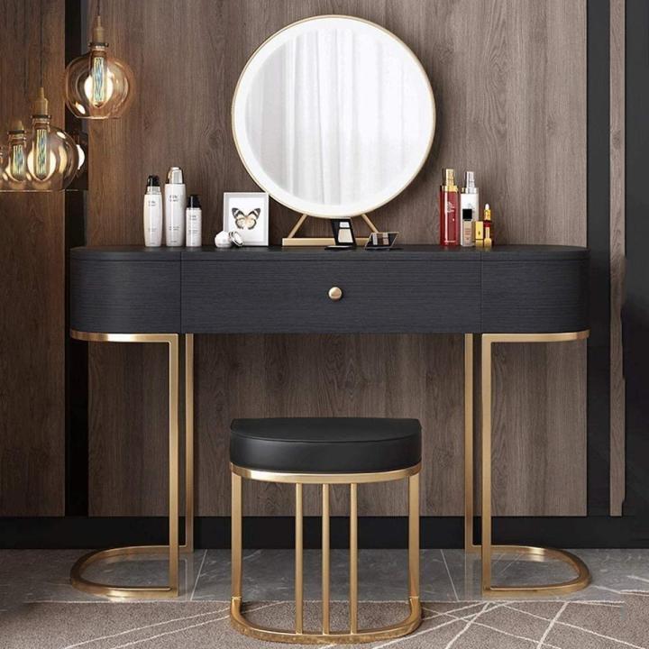 Wooden Dressing Table Set with Mirror, Tufted Stool, Wall Dresser Design, and Drawer Dresser Combo
