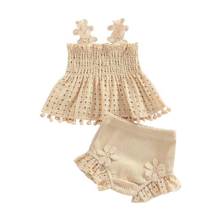 Toddler Baby Girls Summer Outfit Solid Color Cutout Pleated Tank Tops and Stretch Casual Ruffle Shorts Set