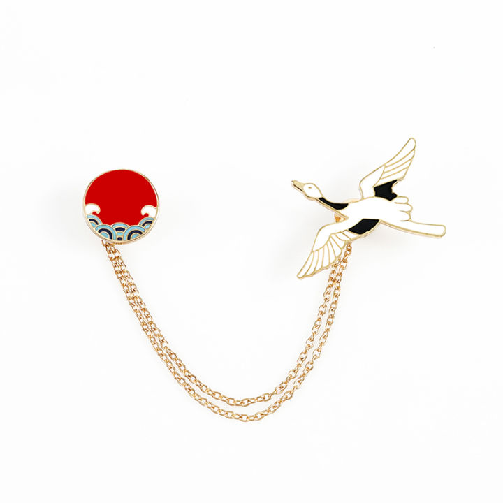 【GIGAJEWE mall】Metal Chain Brooch Crane Sea Badge Chinese Style Enamel Pins Fashion Accessories for Friends Bag Backpack Pin
