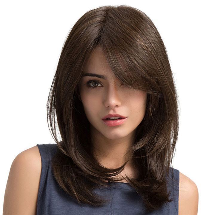 Women Hair Wigs Ladies Daily Natural Wave Dark Brown Side Parting Synthetic None Lace Wigs with Bangs