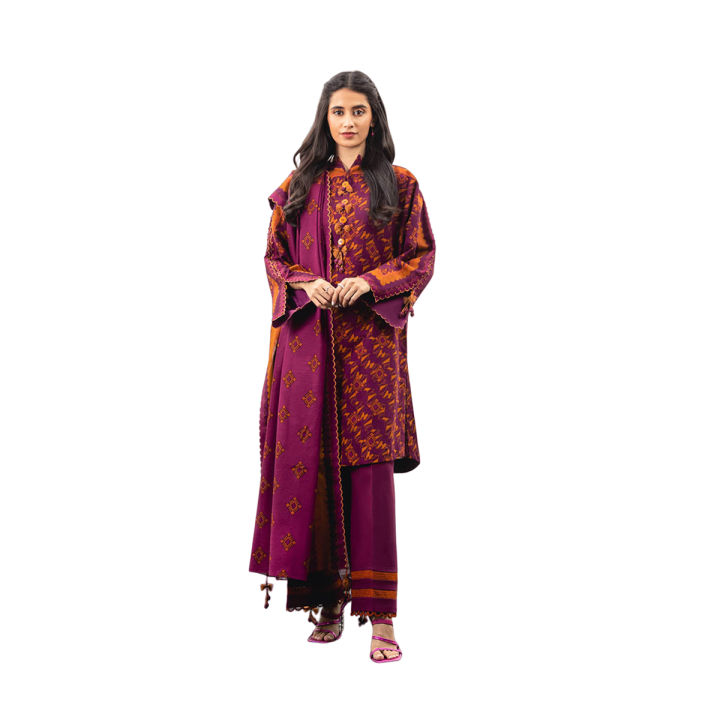 Alkaram Studio Unstitched 3 Piece Printed Khaddar Suit With Khaddar Dupatta Fw-17-23-Aubergine - Stylish Winter Fashion