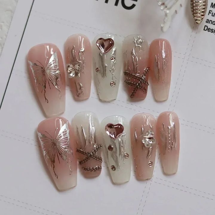10pc handmade acrylic Millennium hot girl y2k artificial nail with glue full cover pink ballet false nail with butterfly pattern