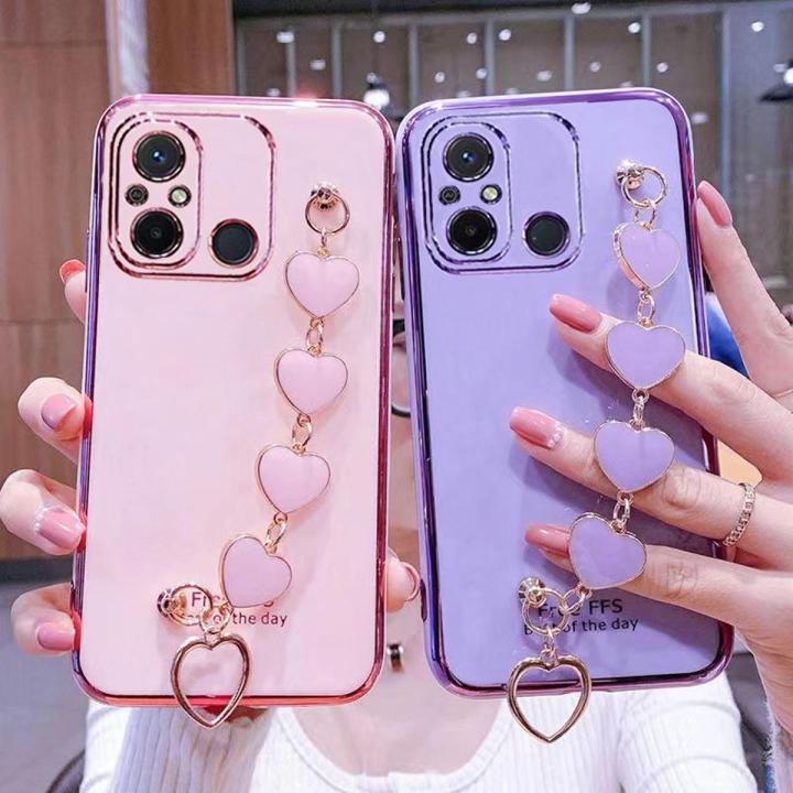 COROGI for Xiaomi Redmi 12C Back Cover + Love Heart Bracelet Luxury Glossy Shiny Plating Bumper Ladies Case Soft Silicone Protective Phone Cases