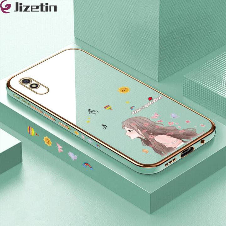 Jizetin (Free Lanyard) for Redmi 9A Back Cover Butterfly Girl Luxury 6D Plating Case Side Pattern Soft Silicone Square Phone Cases