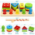 Fishing Four-Post Wooden Toy - 4 Column Tower Blocks Educational & Learning Toys-  Color Sorting - Magnetic Fishing Game- Multicolor-  Vibrant Color Construction 4 post Fishing Toy. 